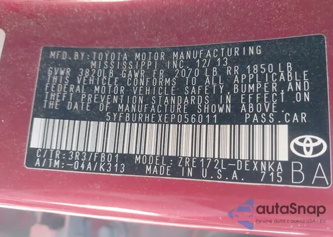 2014 Toyota Corolla Le Plus from USA, damaged, VIN 5YFBURHEXEP056011